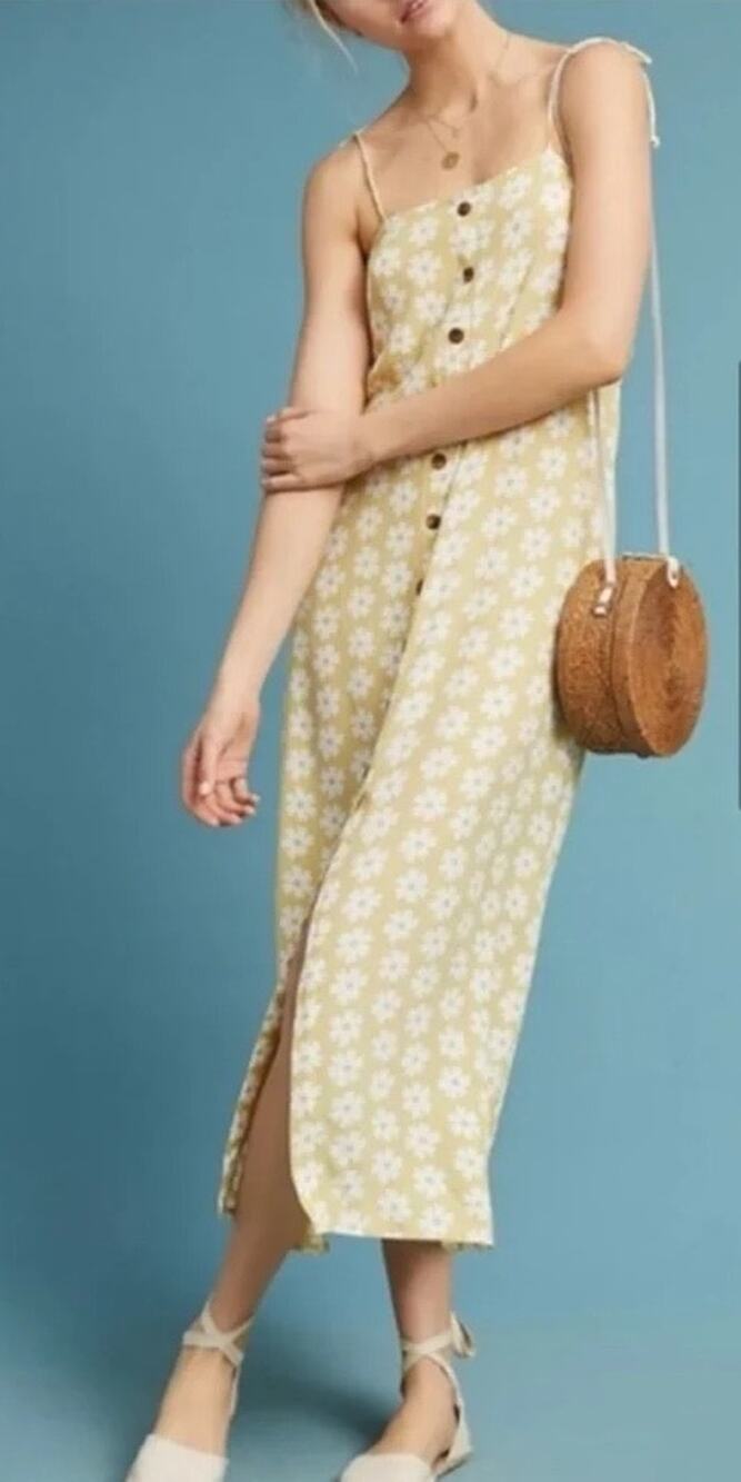Faithfull the Brand Arrieta Daisy Midi Dress Yellow Split Button Front Size 4